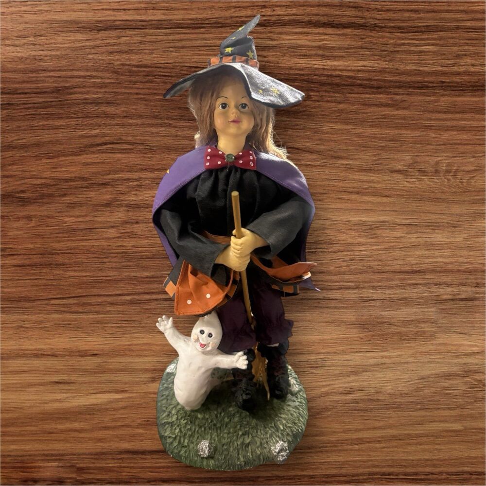 Vtg 80s Handcrafted Halloween Witch Figurine Witch, Ghost & Pumpkin Folk Art